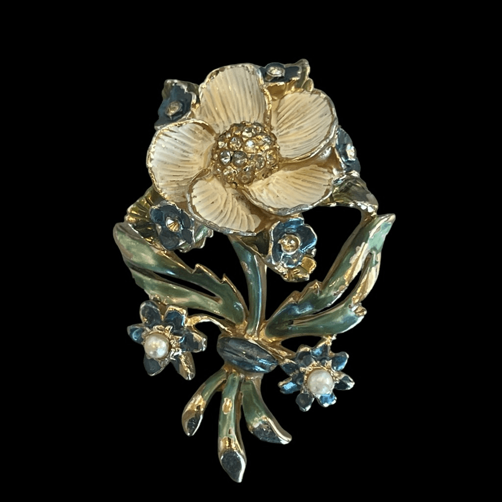 Rare 1940’s Signed Reja Flower Rhinestone Pearl Brooch Pin